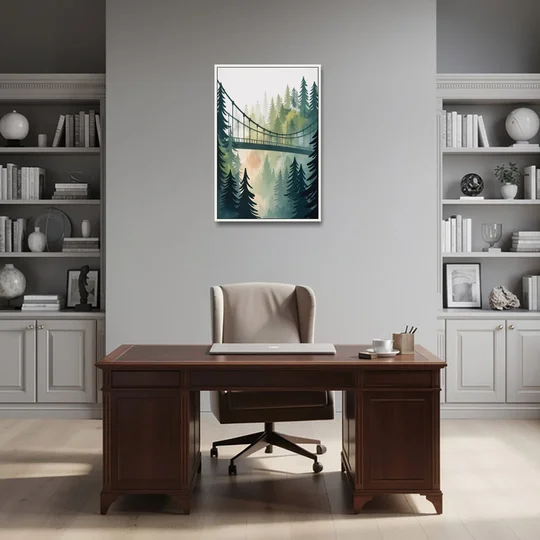 Capilano Suspension Bridge - White Framed Canvas Wall Art - Office - 24x36