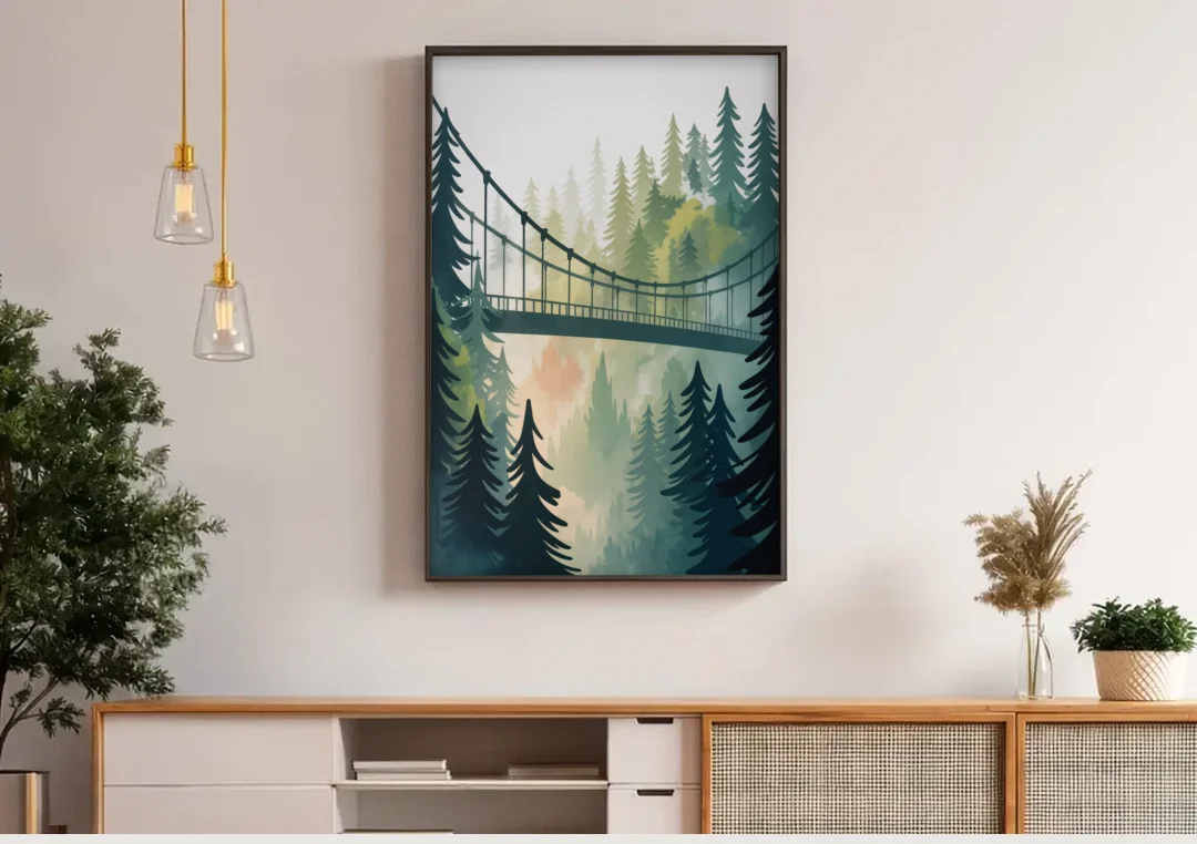 Capilano Suspension Bridge canvas wall art above a wooden sideboard under pendant lights