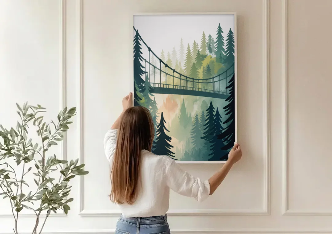 Capilano Suspension Bridge canvas wall art being hung on a paneled wall