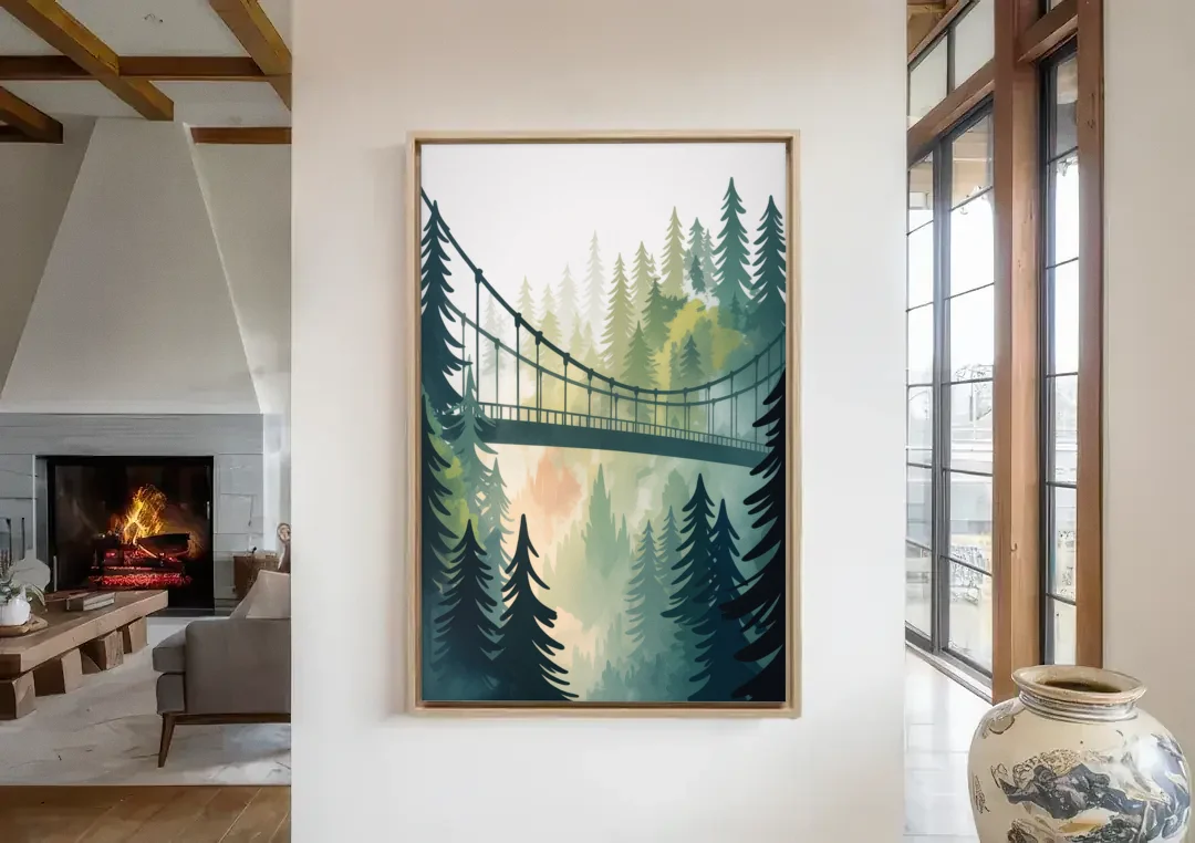Capilano Suspension Bridge canvas wall art in a living room with a fireplace