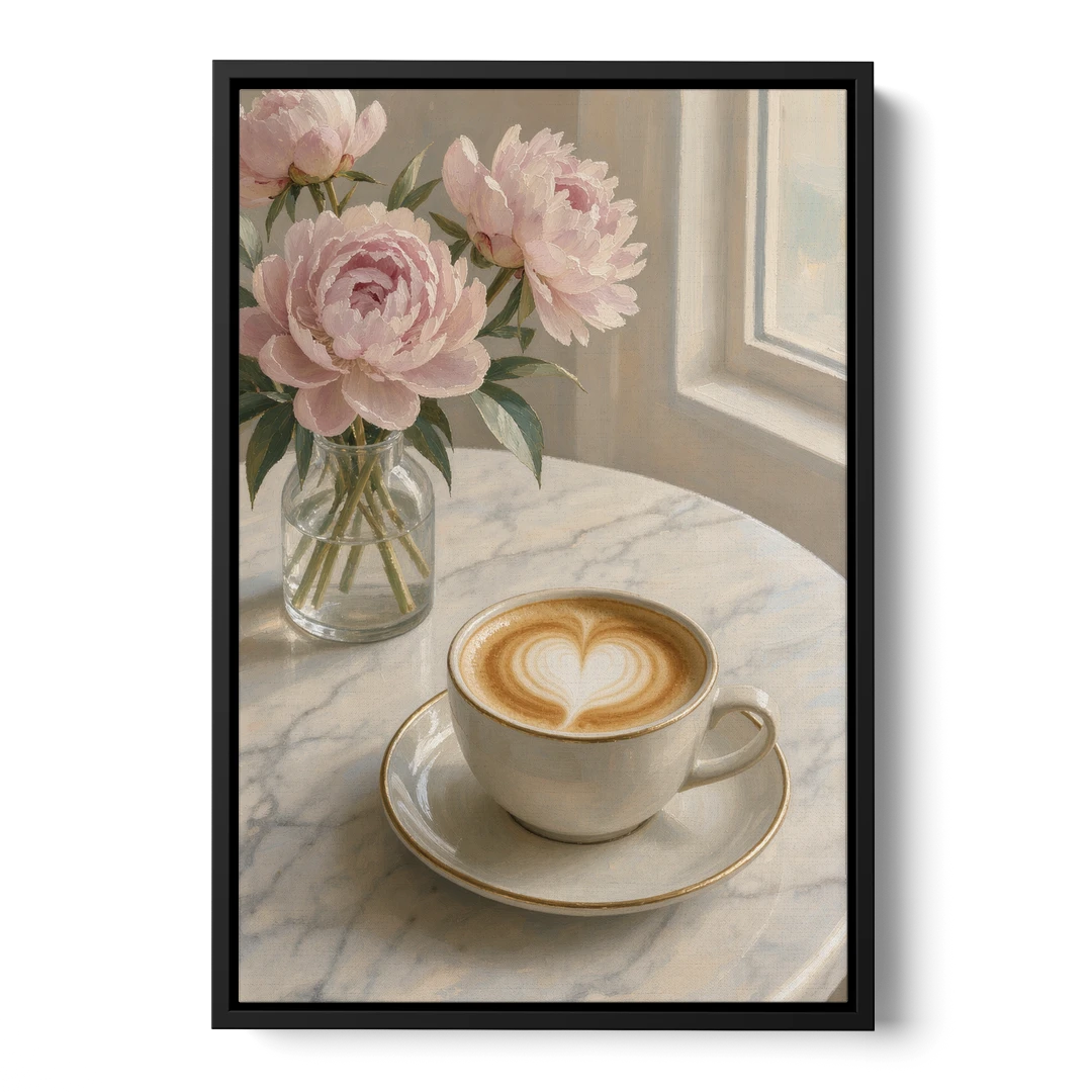 Cappuccino Heart with Blush Peonies for the Kitchen - Black Framed Canvas Wall Art - Front