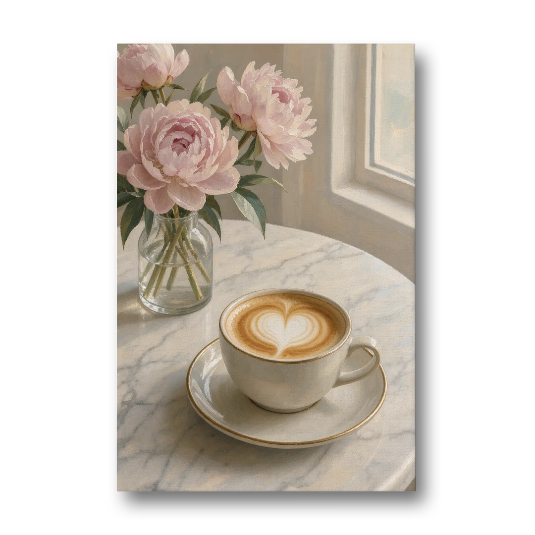 Cappuccino Heart with Blush Peonies for the Kitchen - Canvas Wall Art - Front