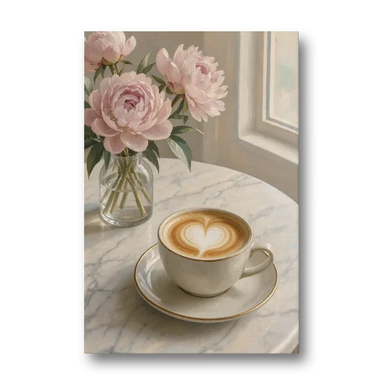 Cappuccino Heart with Blush Peonies for the Kitchen - Canvas Wall Art - Front