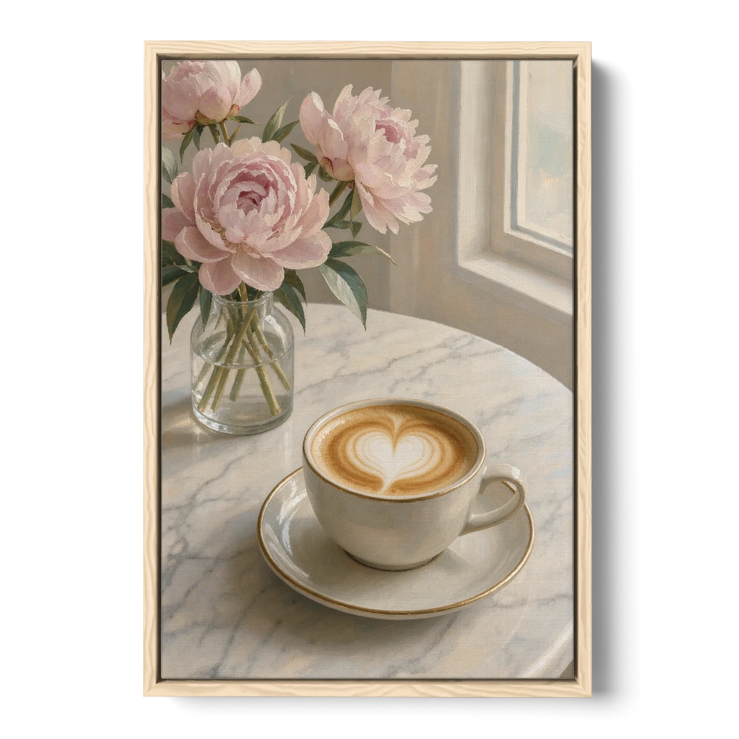 Cappuccino Heart with Blush Peonies for the Kitchen - Oak Framed Canvas Wall Art - Front
