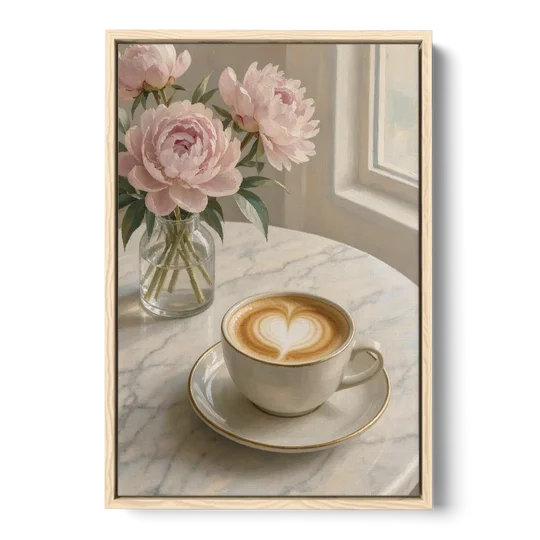 Cappuccino Heart with Blush Peonies for the Kitchen - Oak Framed Canvas Wall Art - Front