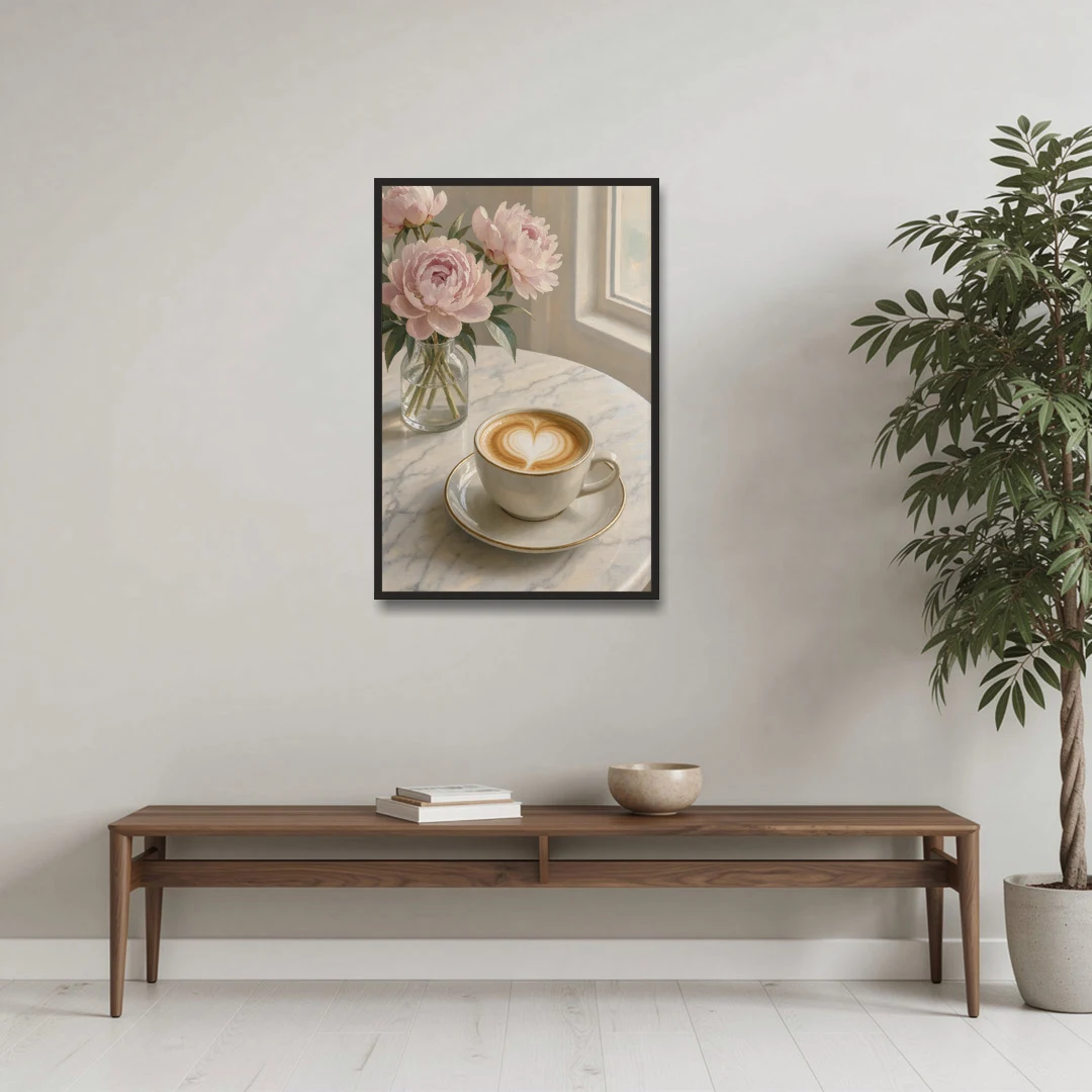 Cappuccino Heart with Blush Peonies for the Kitchen - Black Framed Canvas Wall Art - Coffee Table - 24x36