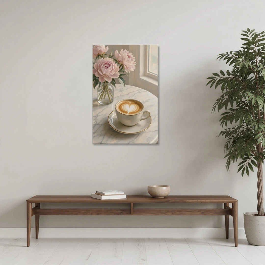 Cappuccino Heart with Blush Peonies for the Kitchen - Canvas Wall Art - Coffee Table - 24x36