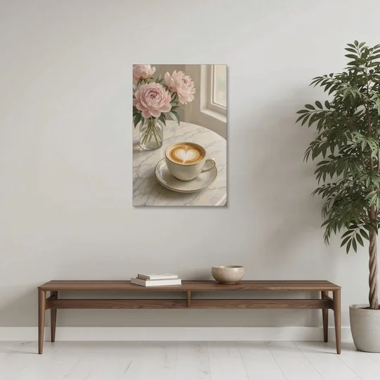 Cappuccino Heart with Blush Peonies for the Kitchen - Canvas Wall Art - Coffee Table - 24x36