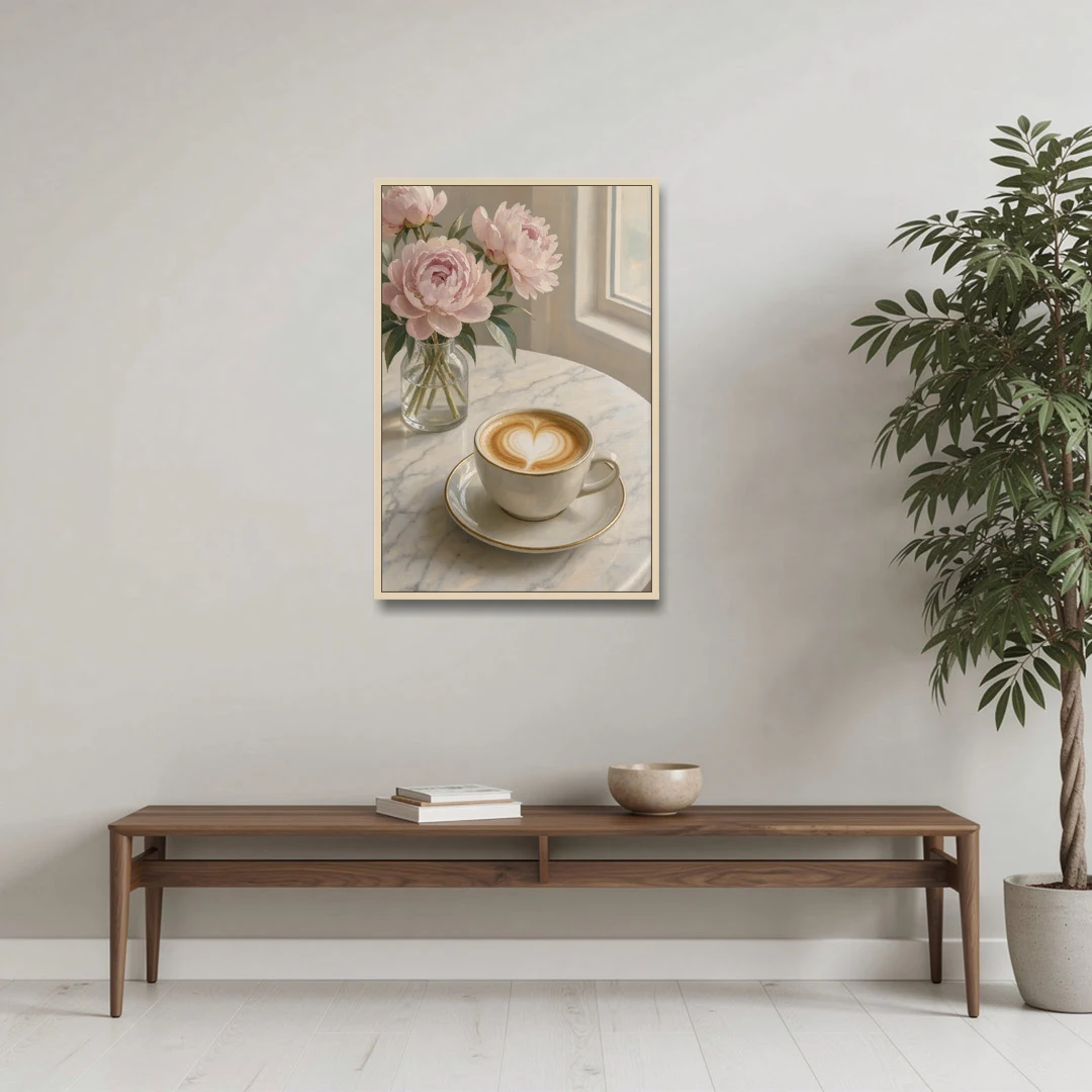 Cappuccino Heart with Blush Peonies for the Kitchen - Oak Framed Canvas Wall Art - Coffee Table - 24x36