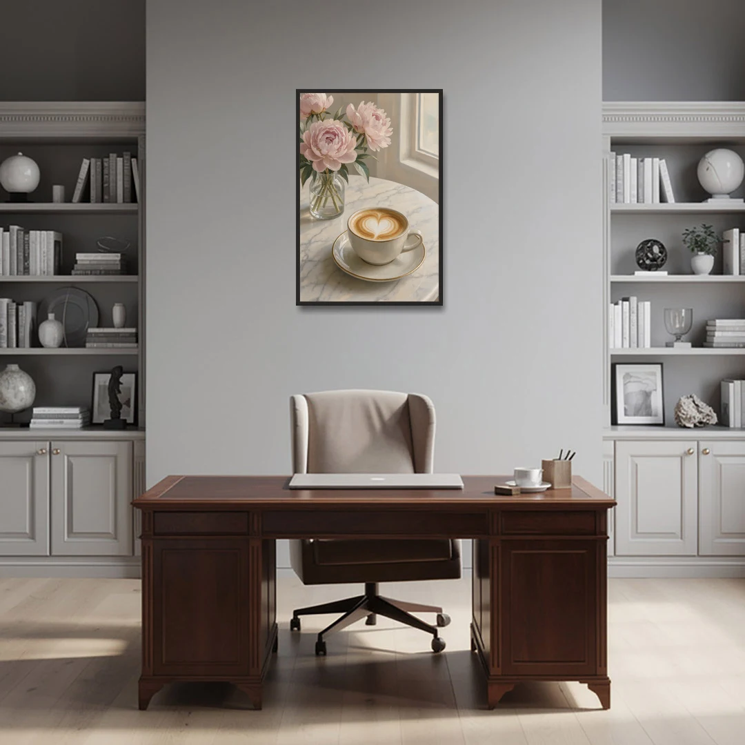 Cappuccino Heart with Blush Peonies for the Kitchen - Black Framed Canvas Wall Art - Office - 24x36