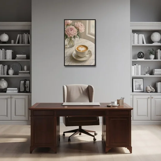 Cappuccino Heart with Blush Peonies for the Kitchen - Black Framed Canvas Wall Art - Office - 24x36