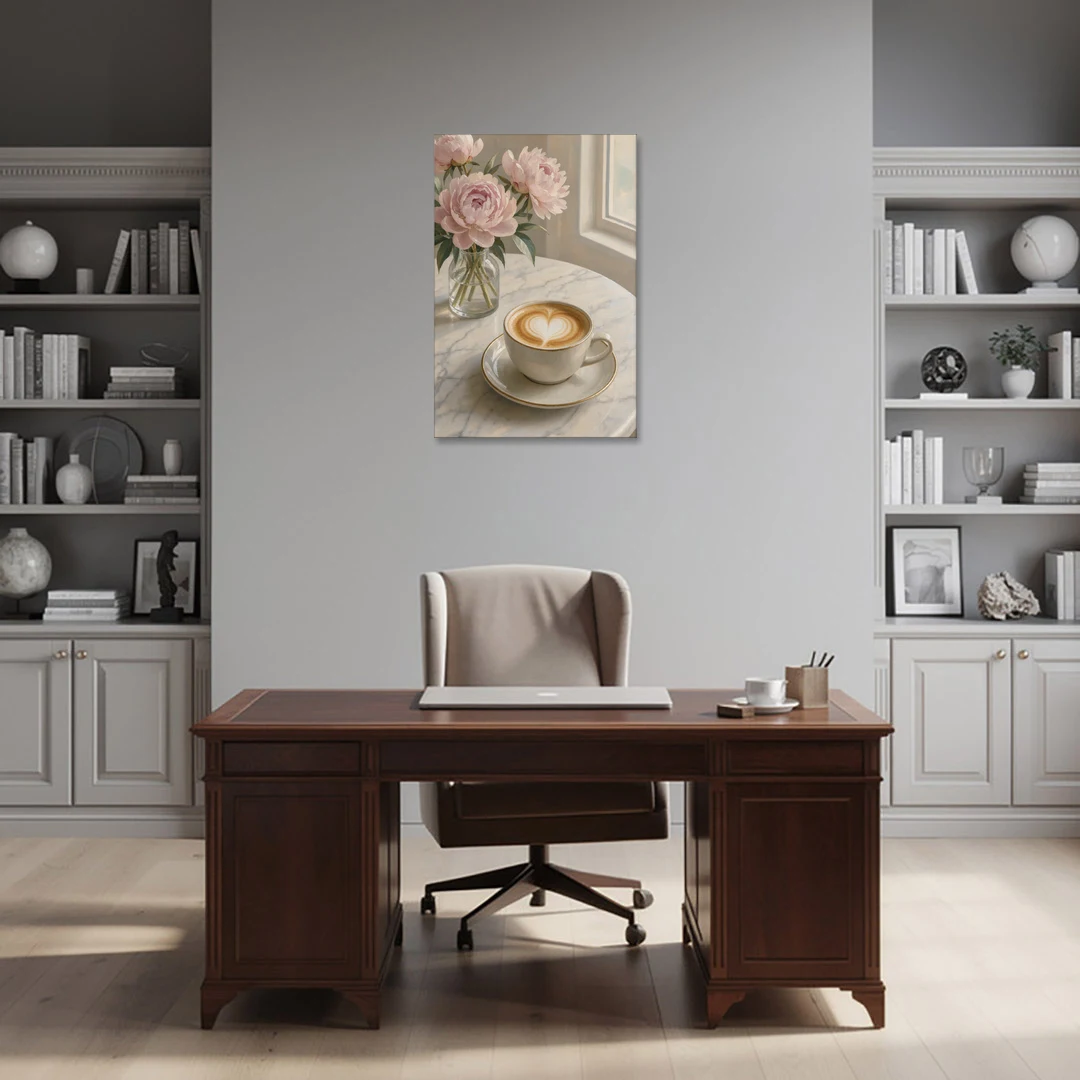 Cappuccino Heart with Blush Peonies for the Kitchen - Canvas Wall Art - Office - 24x36