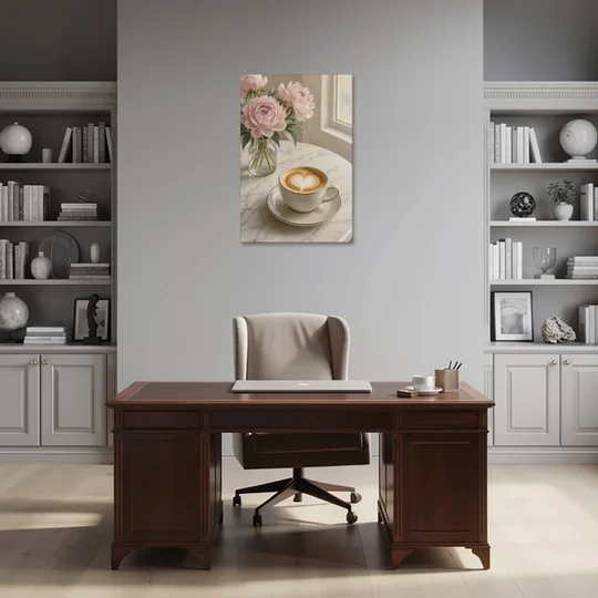 Cappuccino Heart with Blush Peonies for the Kitchen - Canvas Wall Art - Office - 24x36