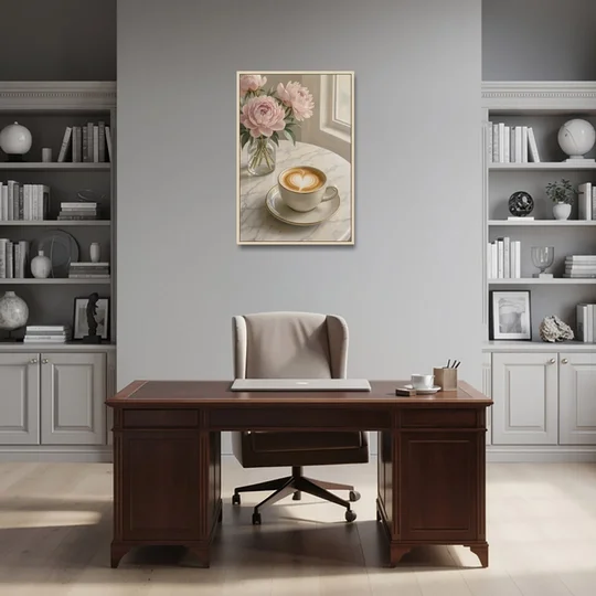 Cappuccino Heart with Blush Peonies for the Kitchen - Oak Framed Canvas Wall Art - Office - 24x36