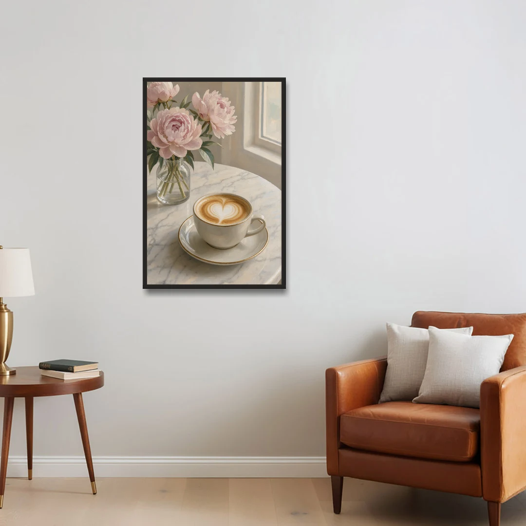 Cappuccino Heart with Blush Peonies for the Kitchen - Black Framed Canvas Wall Art - Sofa - 24x36