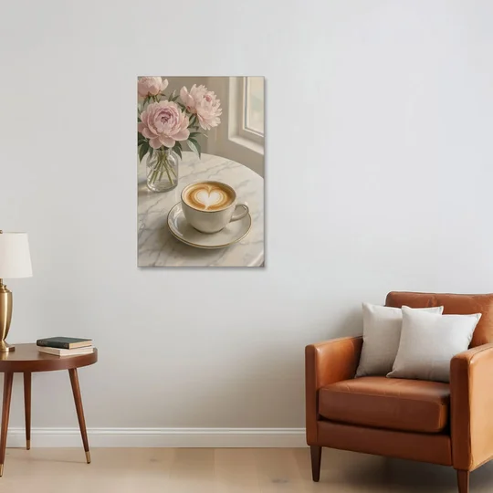 Cappuccino Heart with Blush Peonies for the Kitchen - Canvas Wall Art - Sofa - 24x36