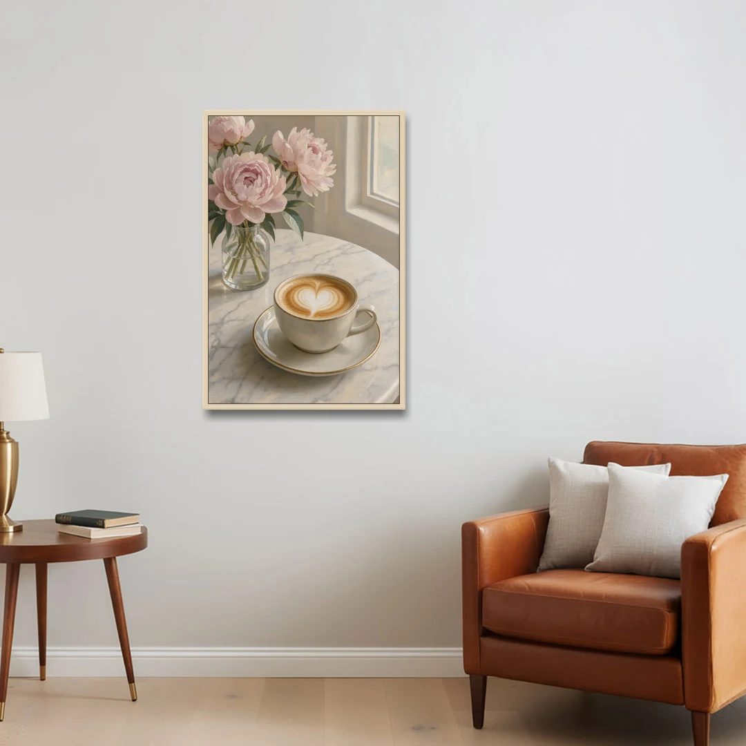 Cappuccino Heart with Blush Peonies for the Kitchen - Oak Framed Canvas Wall Art - Sofa - 24x36