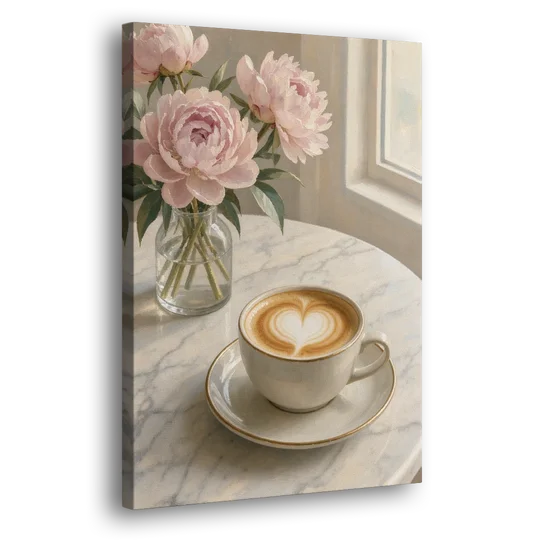 Cappuccino Heart with Blush Peonies for the Kitchen - Canvas Wall Art - Side
