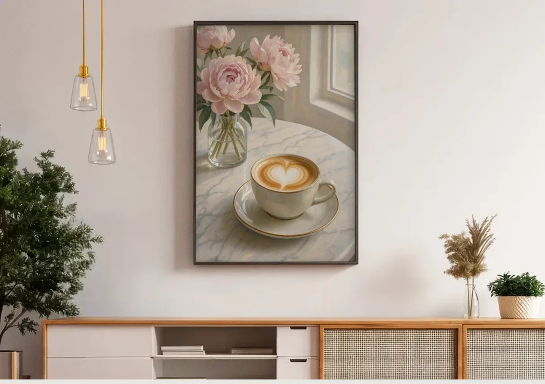 Cappuccino Heart with Blush Peonies for the Kitchen canvas wall art above a wooden sideboard under pendant lights