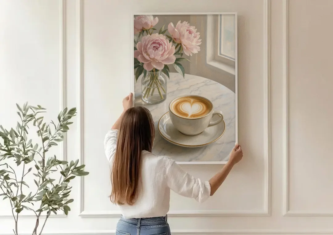Cappuccino Heart with Blush Peonies for the Kitchen canvas wall art being hung on a paneled wall