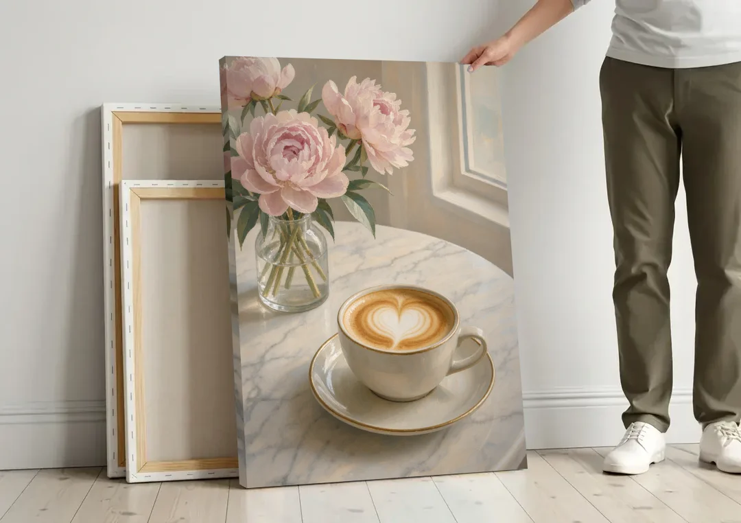 Cappuccino Heart with Blush Peonies for the Kitchen canvas wall art leaning against a wall next to blank canvases