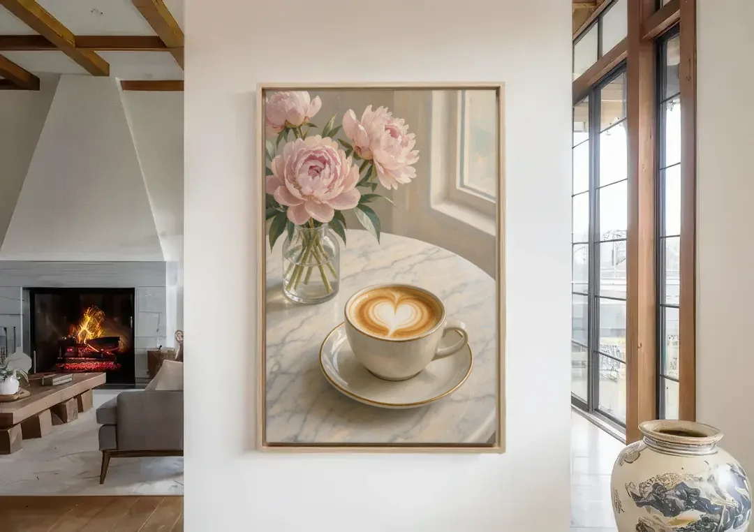 Cappuccino Heart with Blush Peonies for the Kitchen canvas wall art in a living room with a fireplace