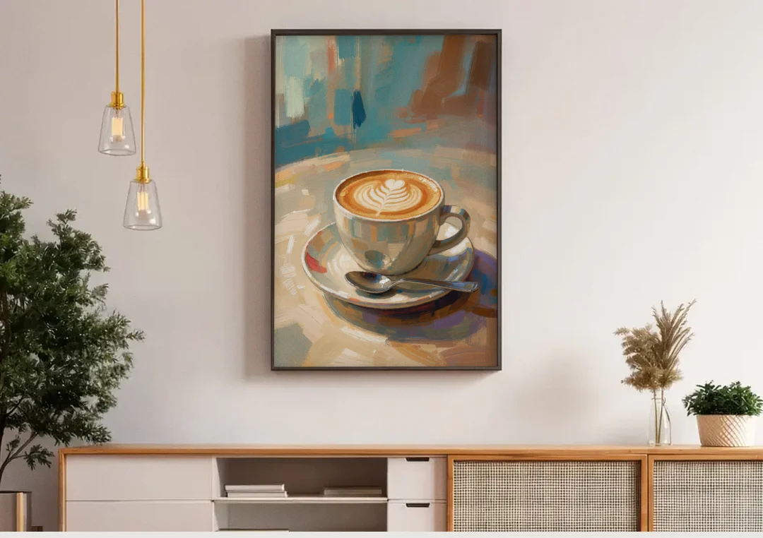 Cappuccino Painting of a Tulip Pour canvas wall art above a wooden sideboard under pendant lights