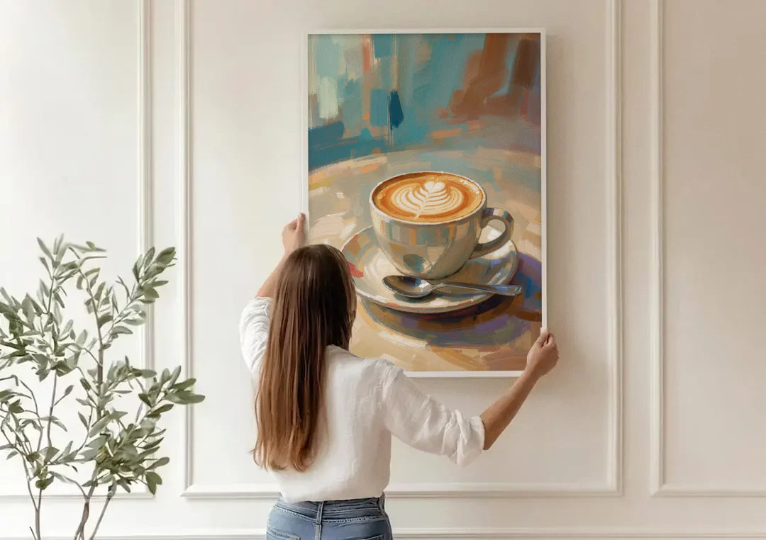 Cappuccino Painting of a Tulip Pour canvas wall art being hung on a paneled wall