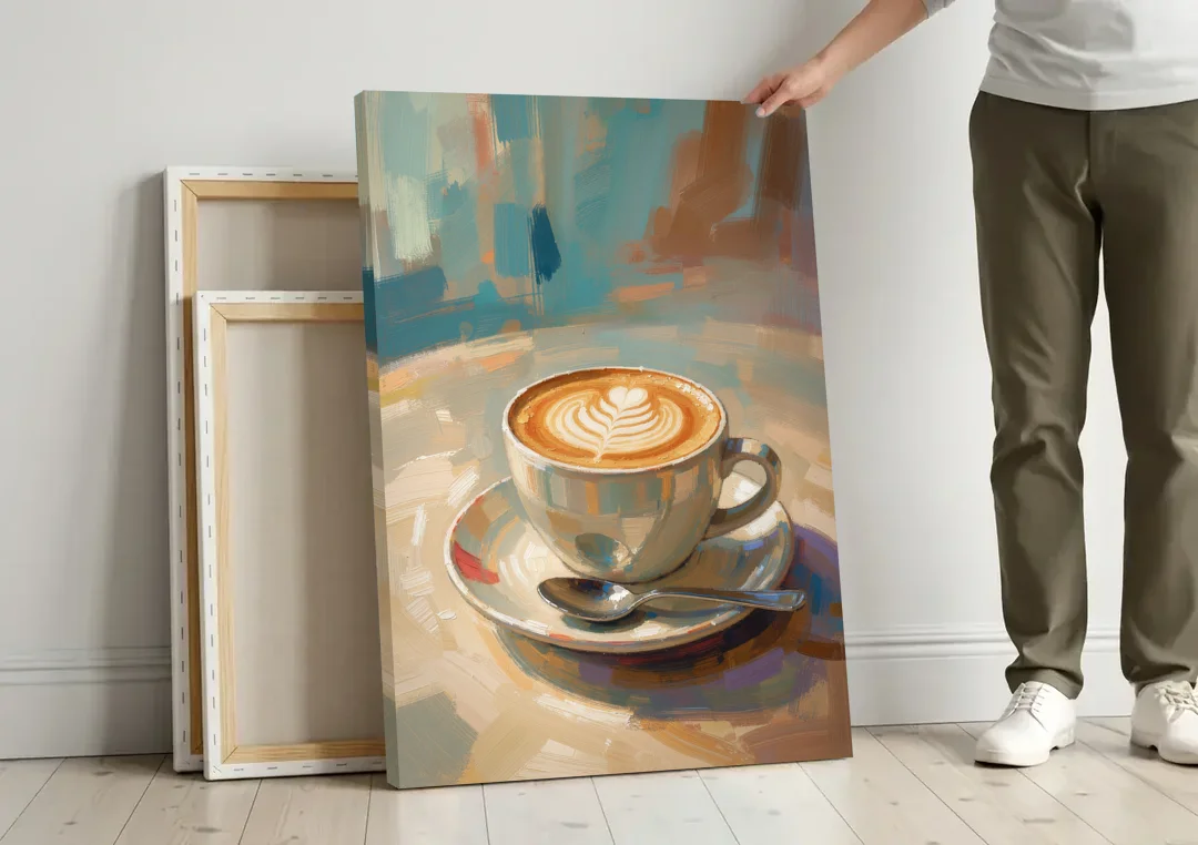 Cappuccino Painting of a Tulip Pour canvas wall art leaning against a wall next to blank canvases