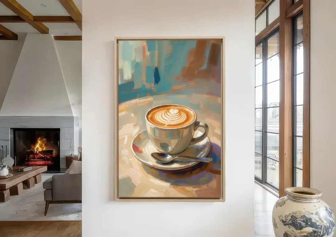 Cappuccino Painting of a Tulip Pour canvas wall art in a living room with a fireplace