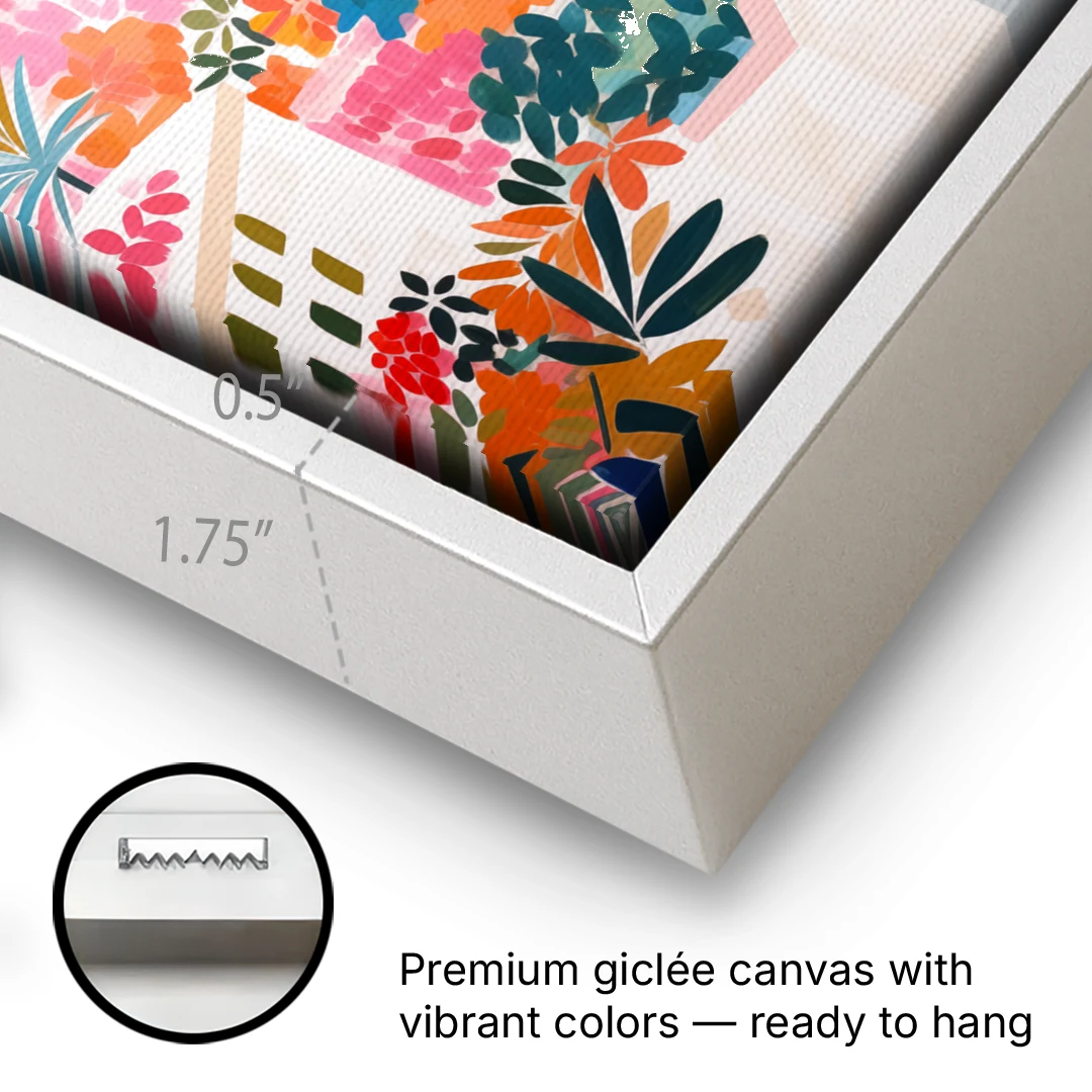 Capri Art of a Flowered Lane - White Framed Canvas Wall Art - Gallery Wrap Corner
