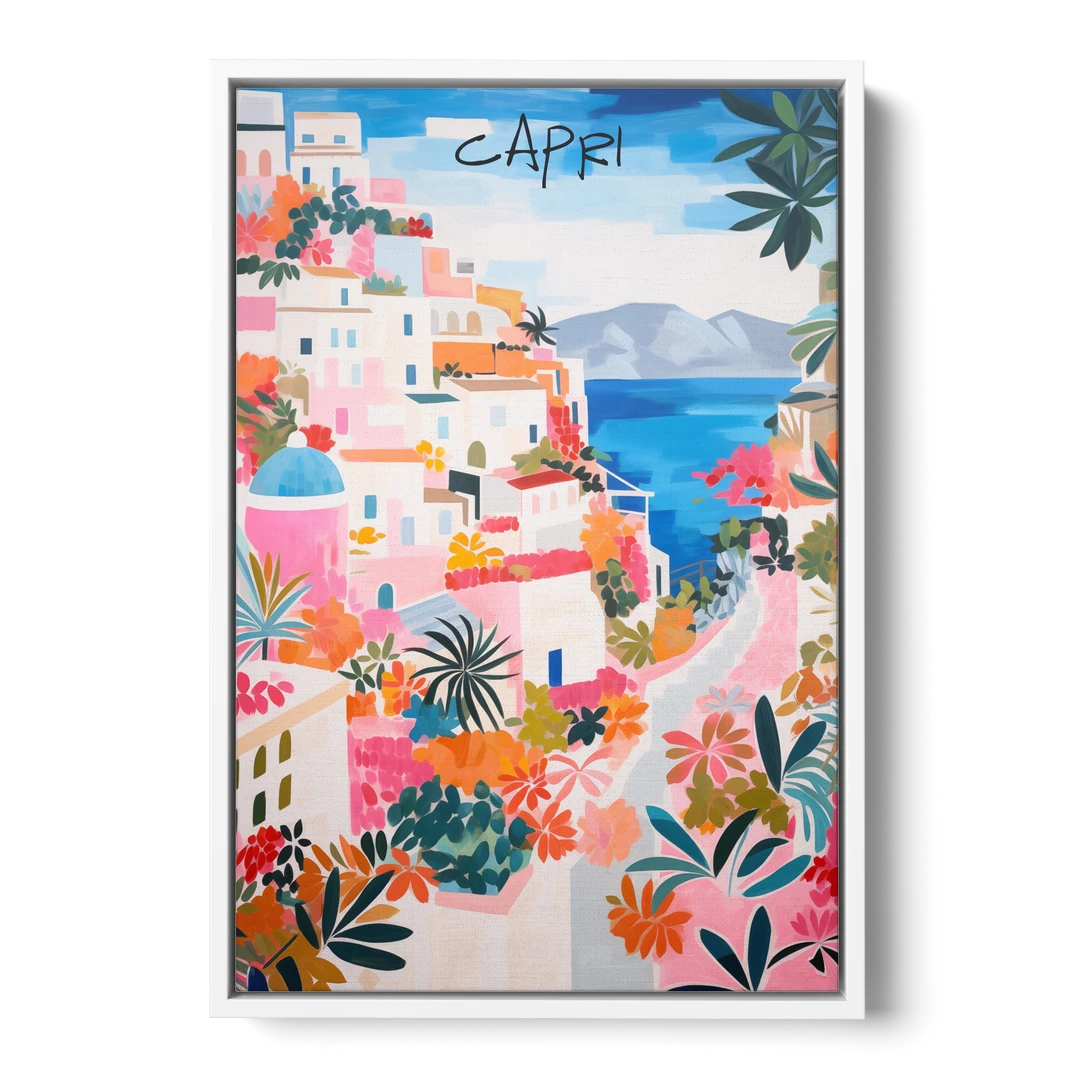 Capri Art of a Flowered Lane - White Framed Canvas Wall Art - Front