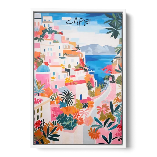 Capri Art of a Flowered Lane - White Framed Canvas Wall Art - Front