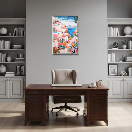 Capri Art of a Flowered Lane - White Framed Canvas Wall Art - Office - 24x36