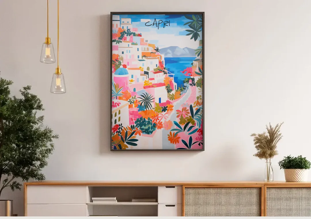 Capri Art of a Flowered Lane canvas wall art above a wooden sideboard under pendant lights
