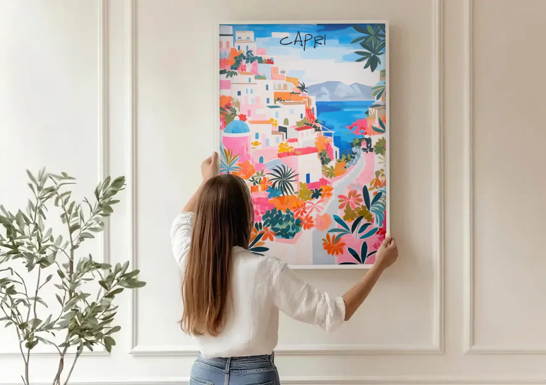 Capri Art of a Flowered Lane canvas wall art being hung on a paneled wall