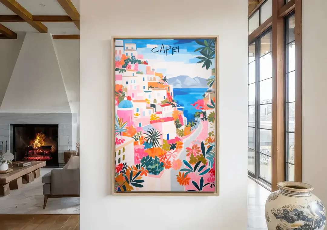 Capri Art of a Flowered Lane canvas wall art in a living room with a fireplace