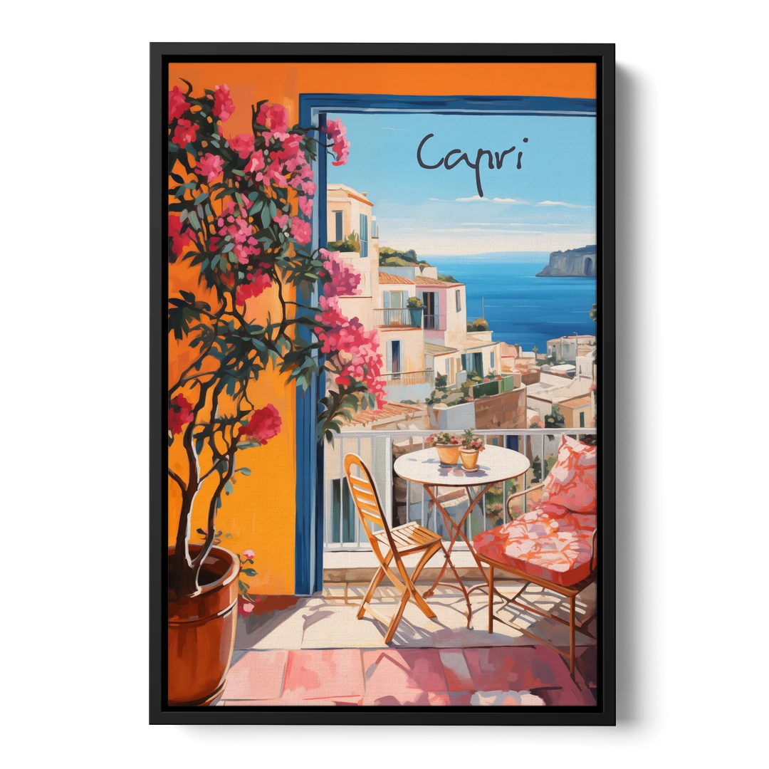 Capri Painting of a Bougainvillea Balcony - Black Framed Canvas Wall Art - Front