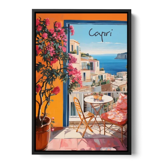 Capri Painting of a Bougainvillea Balcony - Black Framed Canvas Wall Art - Front