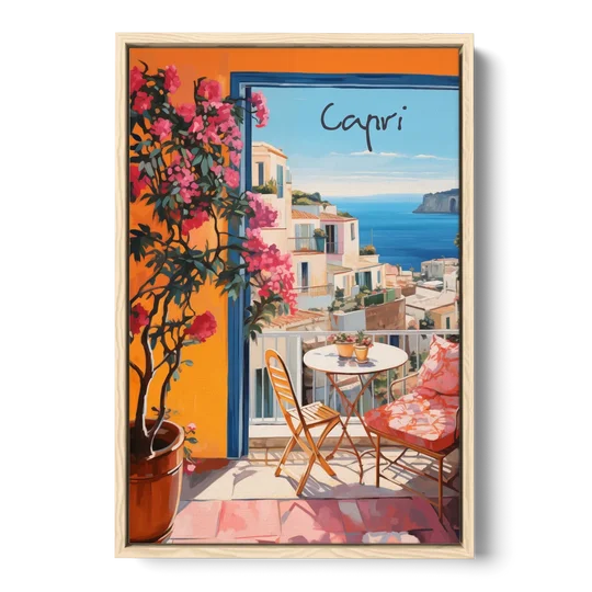 Capri Painting of a Bougainvillea Balcony - Oak Framed Canvas Wall Art - Front
