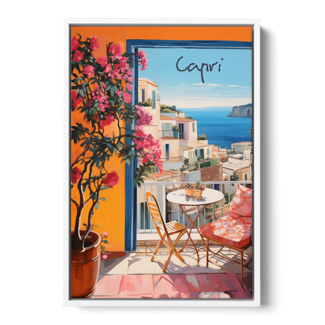 Capri Painting of a Bougainvillea Balcony - White Framed Canvas Wall Art - Front
