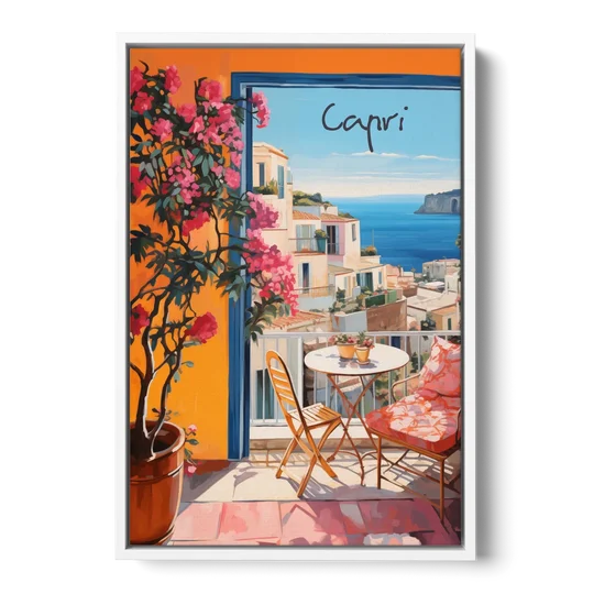 Capri Painting of a Bougainvillea Balcony - White Framed Canvas Wall Art - Front