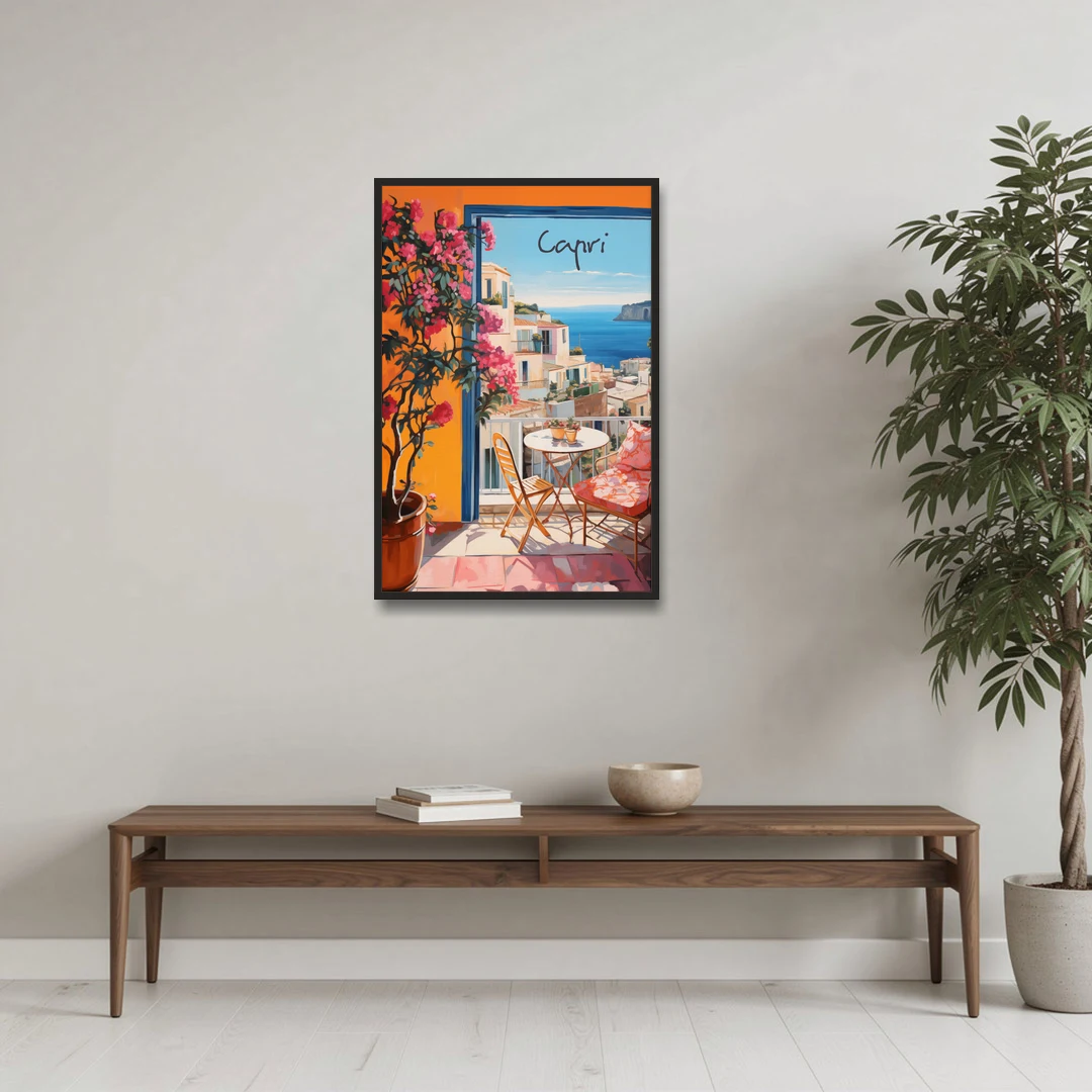 Capri Painting of a Bougainvillea Balcony - Black Framed Canvas Wall Art - Coffee Table - 24x36