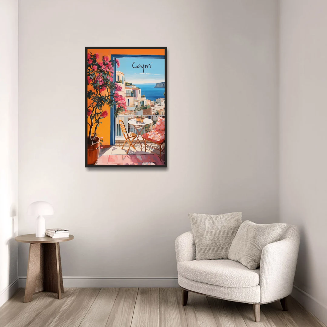 Capri Painting of a Bougainvillea Balcony - Black Framed Canvas Wall Art - Sofa - 24x36