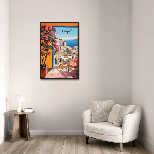 Capri Painting of a Bougainvillea Balcony - Black Framed Canvas Wall Art - Sofa - 24x36