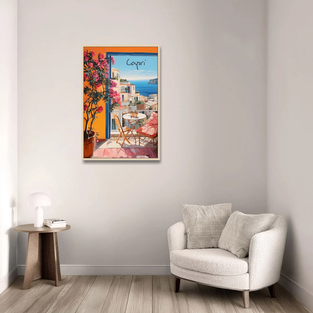 Capri Painting of a Bougainvillea Balcony - Oak Framed Canvas Wall Art - Sofa - 24x36