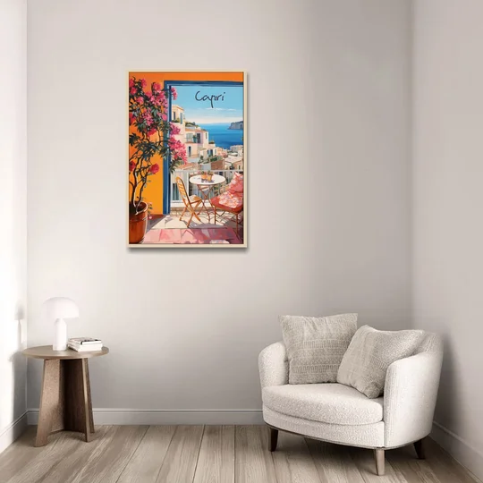 Capri Painting of a Bougainvillea Balcony - Oak Framed Canvas Wall Art - Sofa - 24x36
