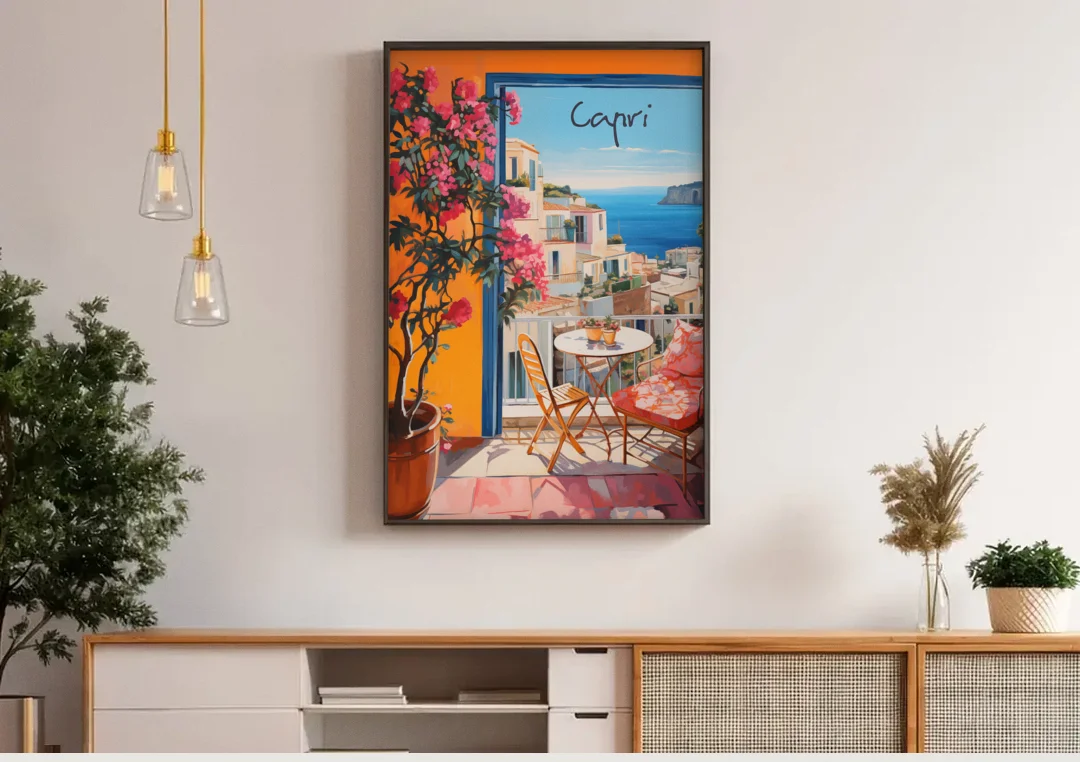 Capri Painting of a Bougainvillea Balcony canvas wall art above a wooden sideboard under pendant lights