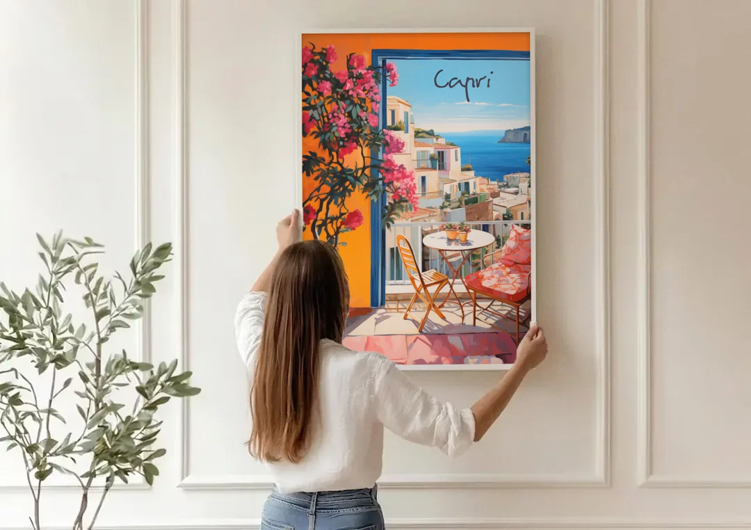 Capri Painting of a Bougainvillea Balcony canvas wall art being hung on a paneled wall