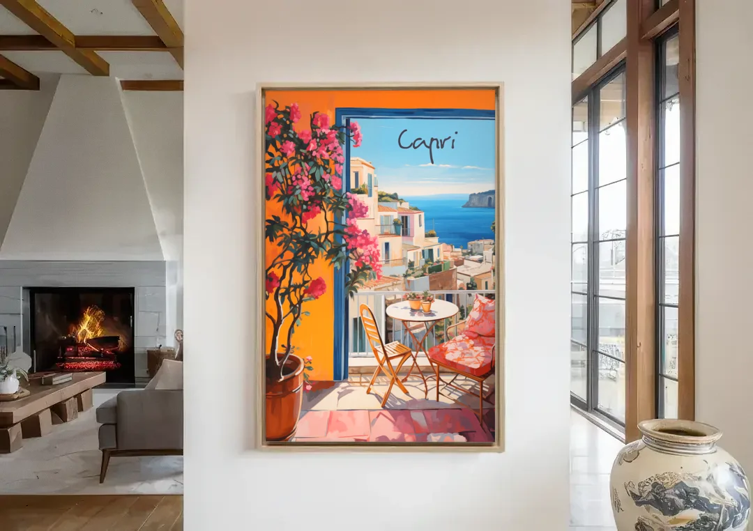 Capri Painting of a Bougainvillea Balcony canvas wall art in a living room with a fireplace